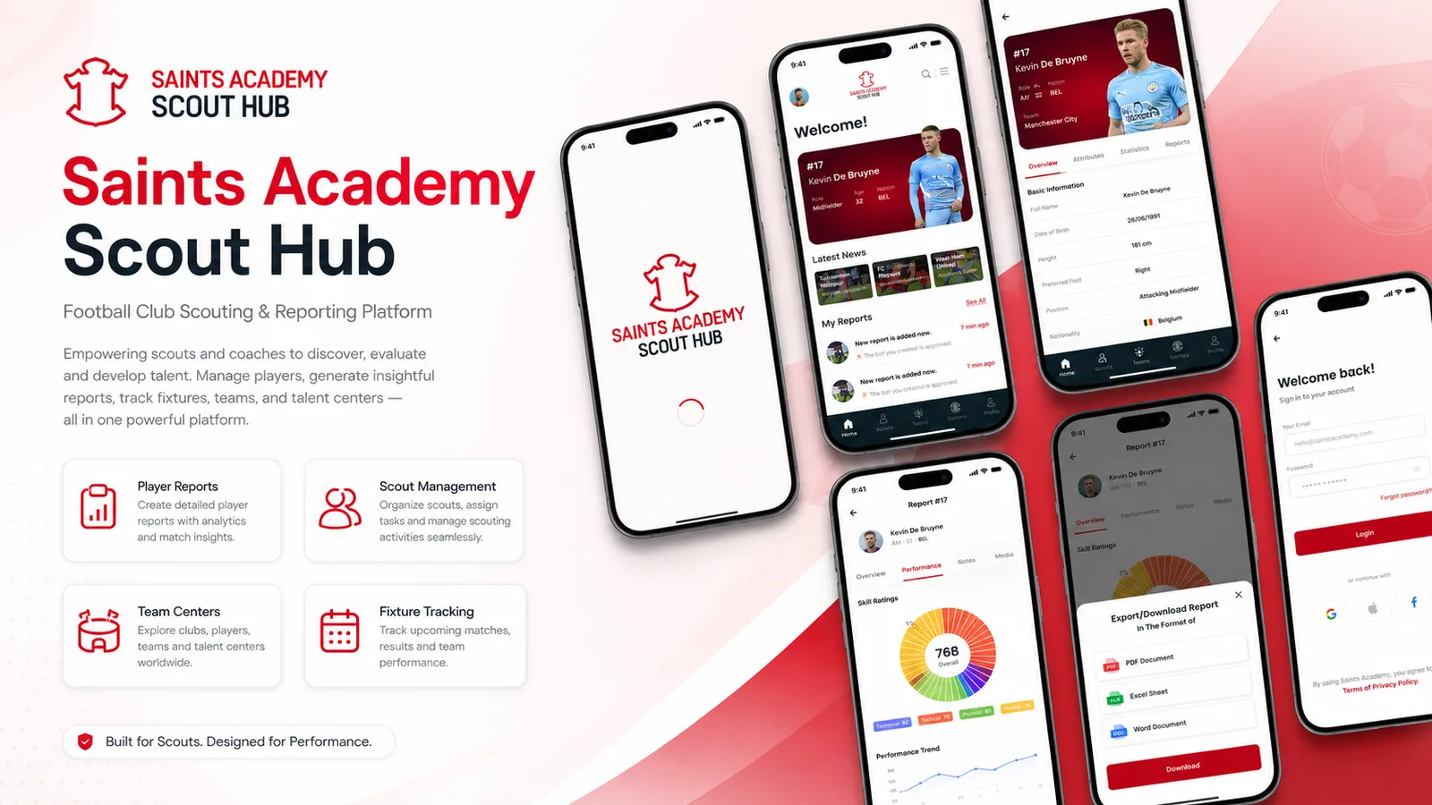 Portfolio-provided concept presentation for Football Club Scout Hub